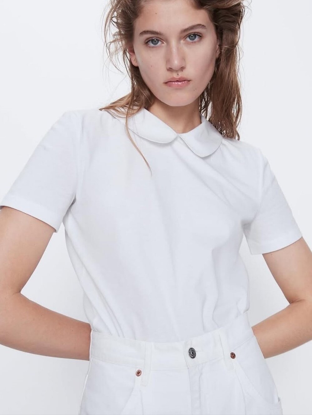 Zara Peter Pan Collar White Tee 100% Cotton Size Small Twee Preppy Classic
